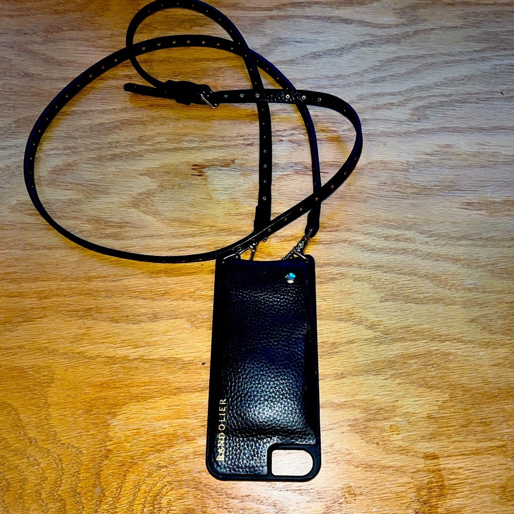 Bandolier Leather Crossbody iPhone Holder in Black/Gold (for iPhone 8)